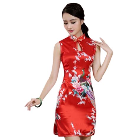 New Red Chinese Women Traditional Dress Silk Satin Cheongsam Sexy Slim Qipao Flower Mini