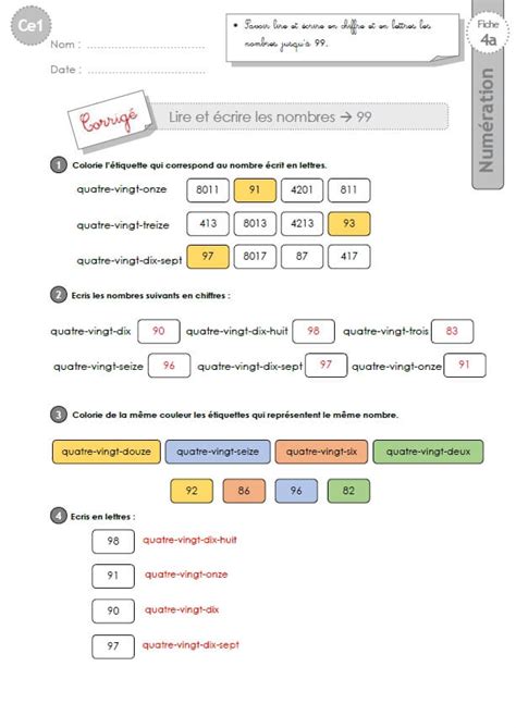 Ce1 Cycle2 Exercices Corriges Lire Et écrire Les Nombres Jusquà 99