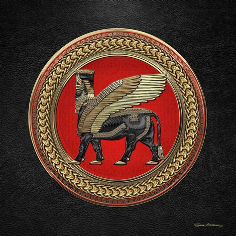Assyrian Winged Bull Gold And Black Lamassu On Red And Gold Medallion