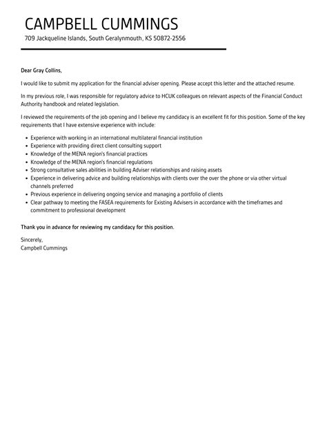 Financial Adviser Cover Letter Velvet Jobs