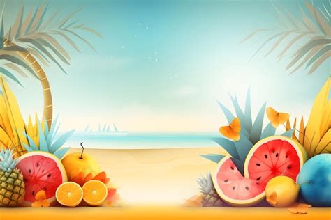 Ilustración de una playa de verano con diferentes frutas concepto de fondo de verano ai generado