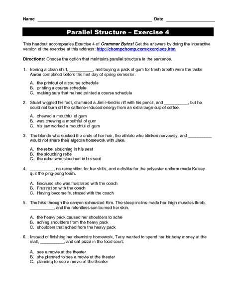 Parallel Structure Practice Worksheet For 5th 12th Grade Lesson Planet