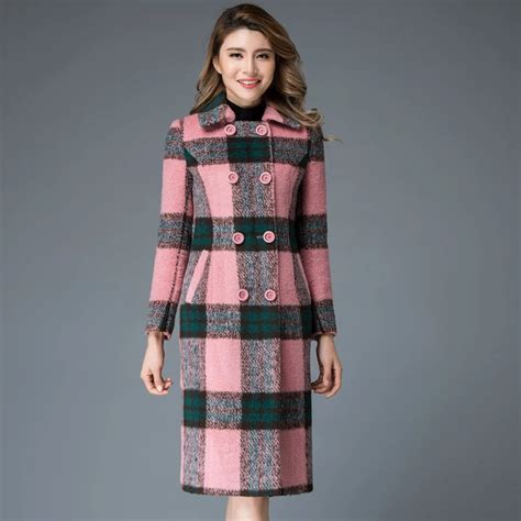 2017 winter new wool blend outerwear coats women pink plaid cashmere coat medium length thicken