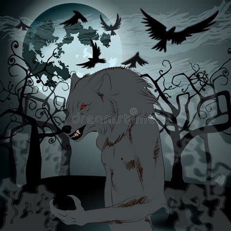 Halloween Illustration With Werewolf And Full Moon Stock Vector