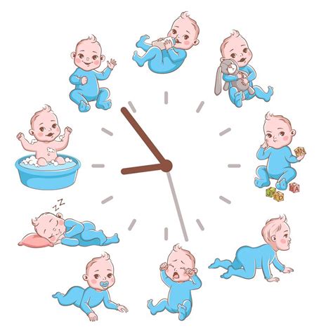 Daily Kids Routine Clocks Newborn Children Schedule Concept Cartoon