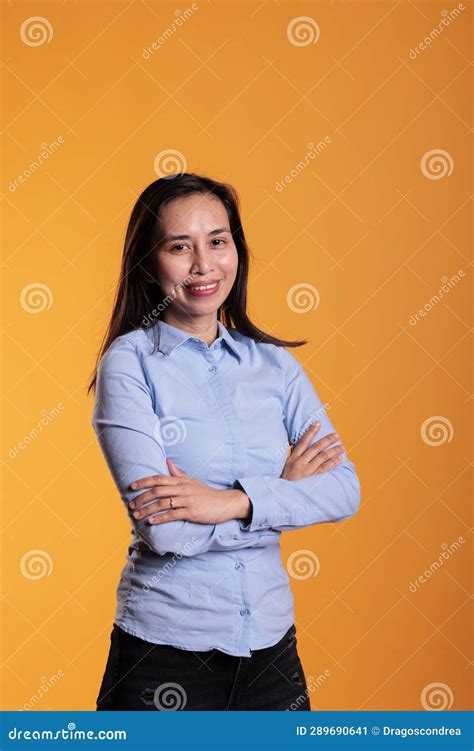 Cheerful Filipino Model With Brunette Long Hair Stock Image Image Of