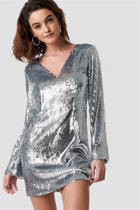 Long Sleeve Sequin Dress Silver Na