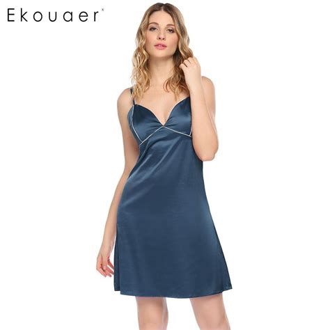 Ekouaer Elegant Nightgown Women Sexy Spaghetti Straps Nightdress Contrast Color V Neck Backless
