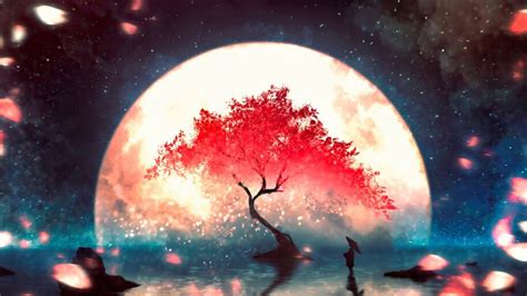 Anime Night Scenery Full Moon Cherry Blossom 4k 4