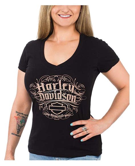 Harley Davidson Womens Bling Script Short Sleeve V Neck Cotton T Shirt