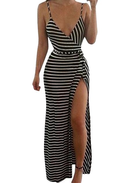 Sexy Deep V Neck Spaghetti Strap Striped Print Sun Dress Low Cut Long