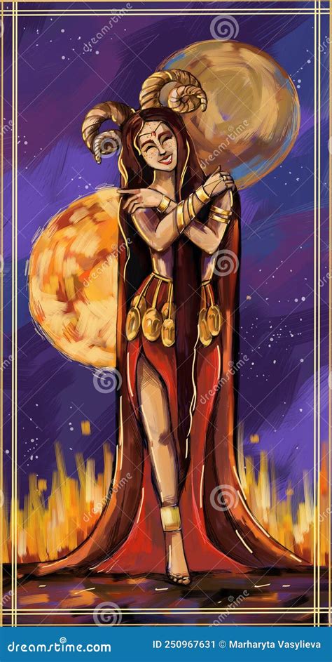 aries zodiac sign goddess surrounded by fire on the background of space stock illustration