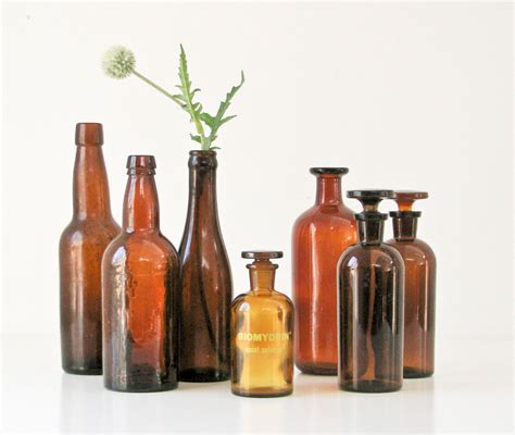 Vintage Brown Glass Bottles Collection Of 7
