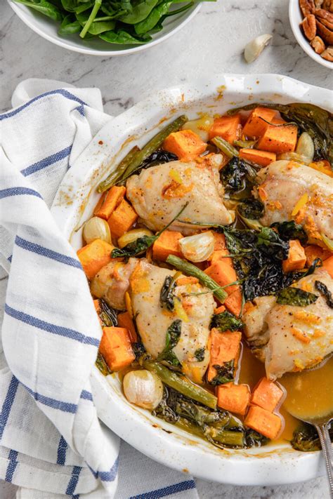 One Pan Baked Chicken And Sweet Potatoes With Maple Orange Sauce
