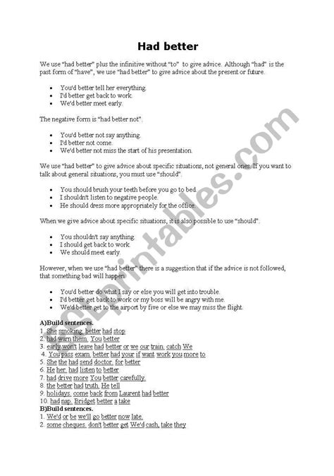 Had Better Should Ought To Esl Worksheet By Dilek1