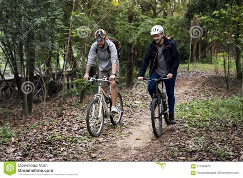 Group Of Friends Ride Mountain Bike In The Forest Together Stock Image