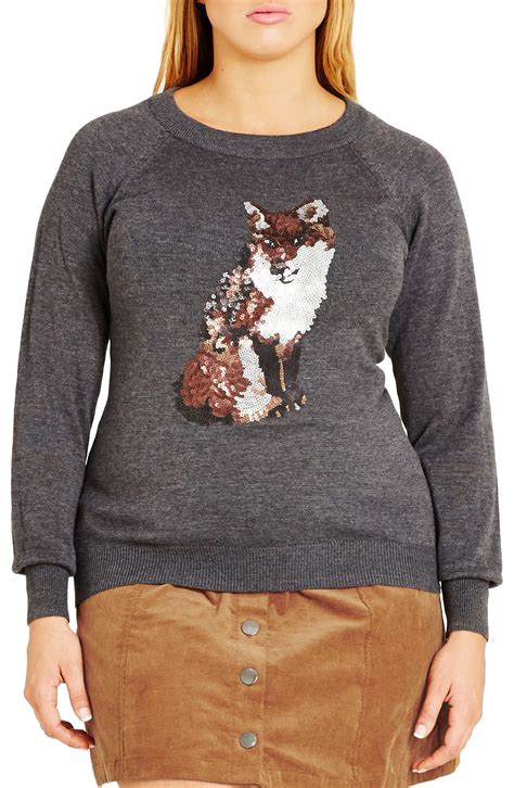 City Chic Sequin Fox Appliqué Sweater Plus Size Nordstrom