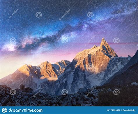 Milky Way Over Beautiful Mountains At Night Sace