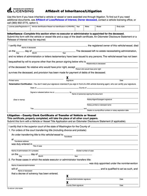 Affidavit Of Inheritance Washington State 2018 2024 Form Fill Out And