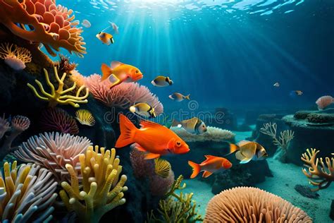 Underwater Coral Reef In The Deep Blue Ocean With Colorful Fish And