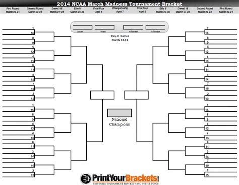 Printable March Madness Bracket Print Mens Ncaa Tourney 2014 March