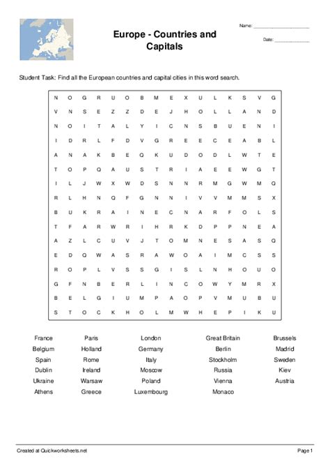 Europe Countries And Capitals Wordsearch Quickworksheets