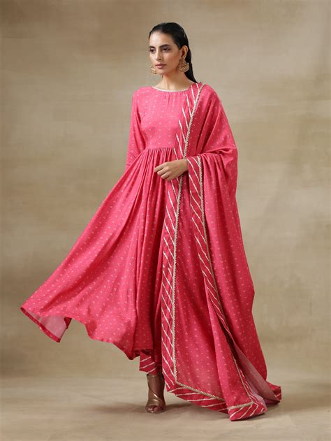 Pink Bandhani Printed Silk Anarkali Kurta Pant Dupatta Set Truebrowns