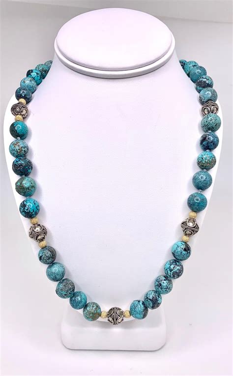 turquoise beaded necklace with 14k yellow gold and sterling silver accents for sale at 1stdibs