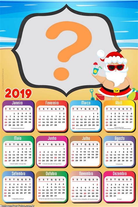 Calendário 2019 Papai Noel Da Praia Colagem De Foto