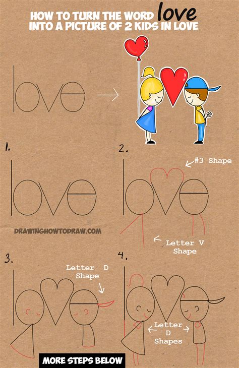 How To Draw Cartoon Kids In Love From The Word Love In This Easy Words