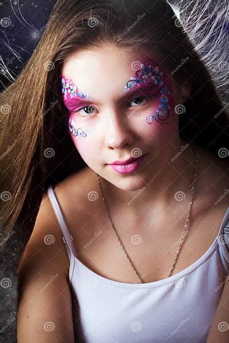 Pretty Girl With Face Painting On Black Background Stock Photo Image