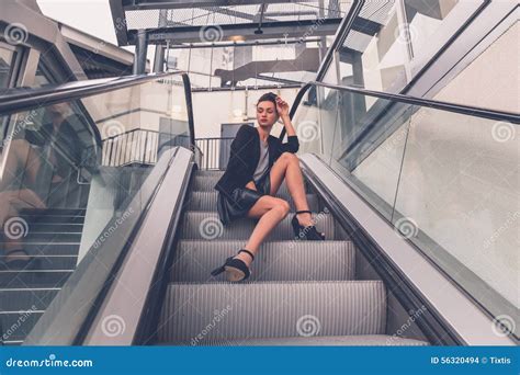 Beautiful Girl Posing On An Escalator Stock Photo Image Of Modern