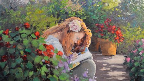 Girl Reading Painting Flowers Book Peaceful Relaxing Trees Hd