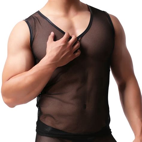 Men Undershirt Sexy Transparent Gay Tank Tops Black Seamless Underwear
