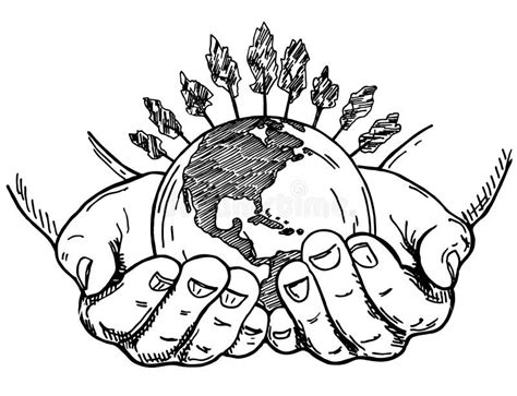 Earth In Hands In Sketch Style Two Palms Hold The Globe Save The