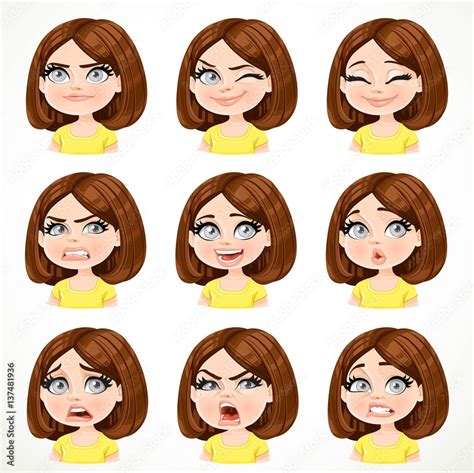 beautiful cartoon brunette girl with dark chocolate color hair portrait of different emotional
