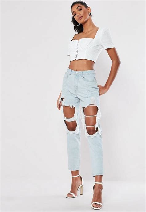 Light Blue Riot High Rise Extreme Thigh Ripped Denim Jeans Missguided