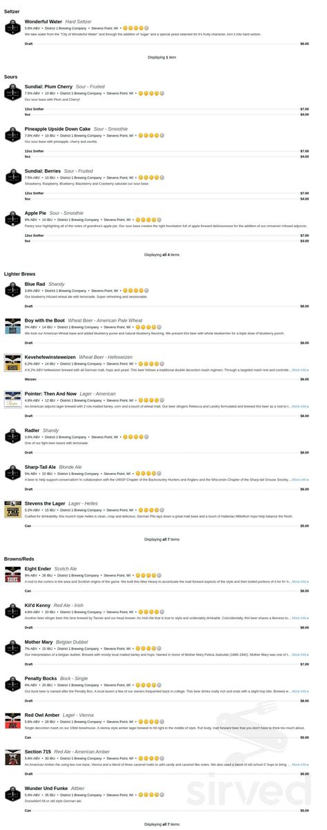 District 1 Brewing Company menu in Stevens Point, Wisconsin, USA