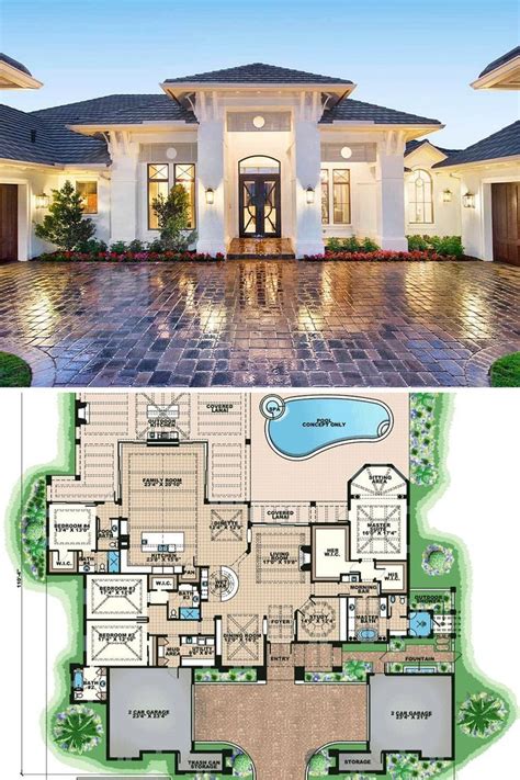 Single Story 4 Bedroom Luxurious Mediterranean Home Floor Plan