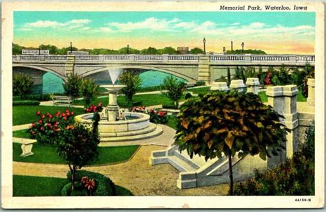 Waterloo Iowa Postcard Memorial Park Fountain Bridge View Curteich