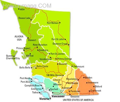 Explore the towering peaks of southeastern bc and find outdoor… Map of british columbia - HolidayMapQ.com