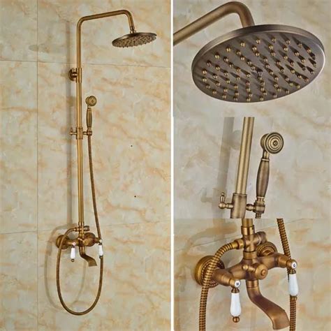 Antique 8 Brass Rainfall Shower Faucet Set With Handheld Shower Wall