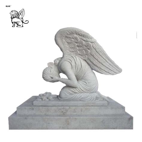Large White Marble Kneeling Weeping Angel With Wing Headstone Statue Tombstone Mty 28 China