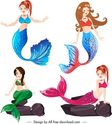Mermaid Icons Beautiful Young Girls Sketch Cartoon Design Vectors