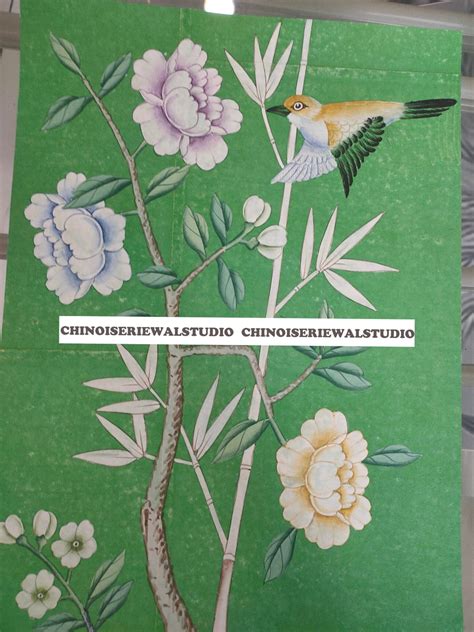 Sample For Chinoiserie Hand Painted Wallpaper On Green Tea Paper 12x16