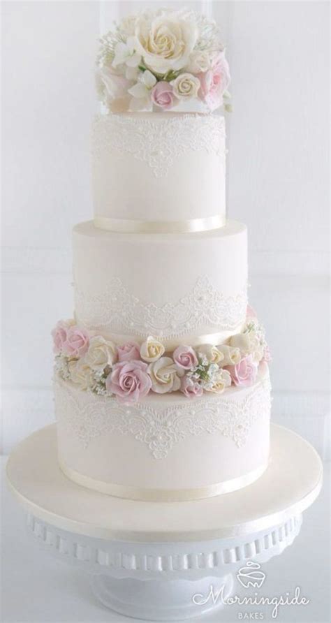 3 Tier Wedding Cake With Edible Lace Sugar Rose Bouquet And Rose Buds