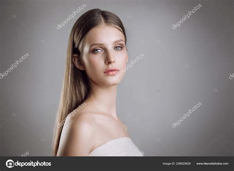 Portrait Beautiful Young Girl Nude Make Studio Gray Background Stock