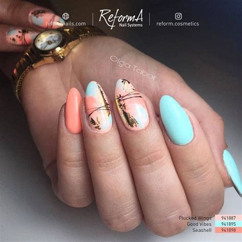 Aranyos körmök szép körmök művészi körmök nyári körömminták kék körmök rózsaszín körmök. Peach+Teal+Gold - | Körömötletek, Körmök, Körömminták
