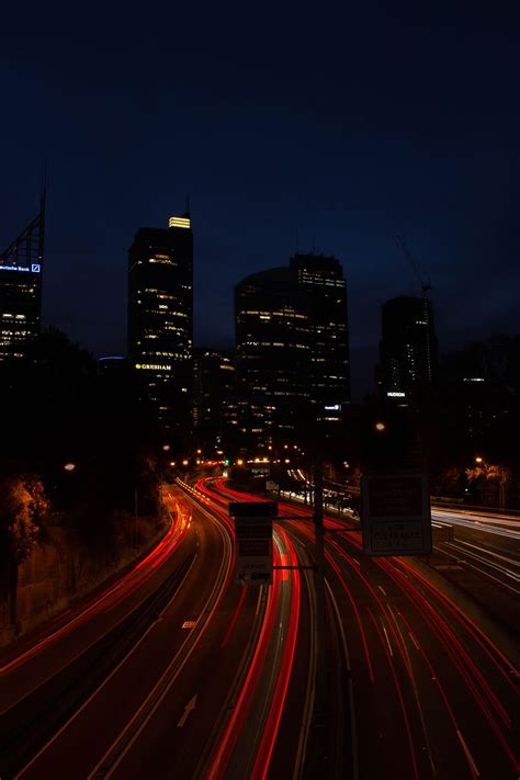 City Light Trails Night Dark Urban Cars Headlights Busy