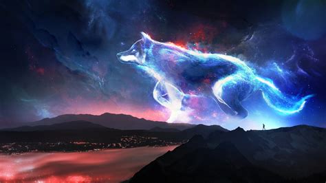 Download Wallpaper 1366x768 Wolf Mountains Fantasy Sky Art Tablet